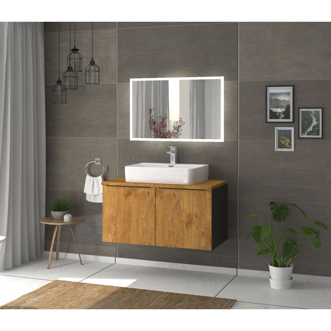 Odin washbasin with base cabinet, 96cm, alpine white / rustic oak / oak, metal handles