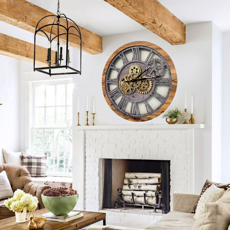 24" Rustic Wood and Stone Oversized Wall Clock with Moving Gears
