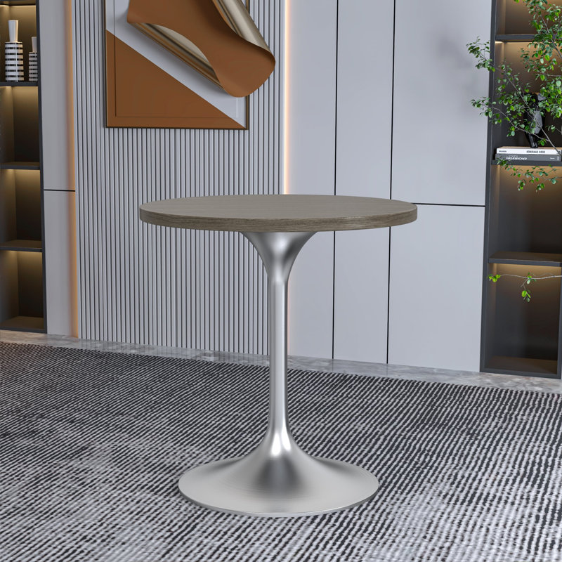 Heatherton 27" Round Dining Table with MDF Top and Brushed Silver Stainless Steel Pedestal Base Kitchen Table Seats 2-4 Person
