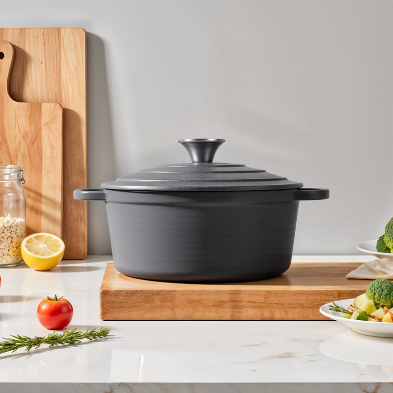 Belfry Kitchen Cast Iron Round Dutch Oven, 2L, Black, 20cm