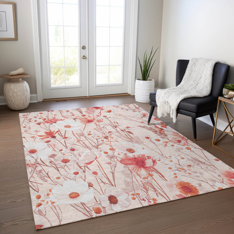 Rectangular Red Floral Synthetic Washable Rug