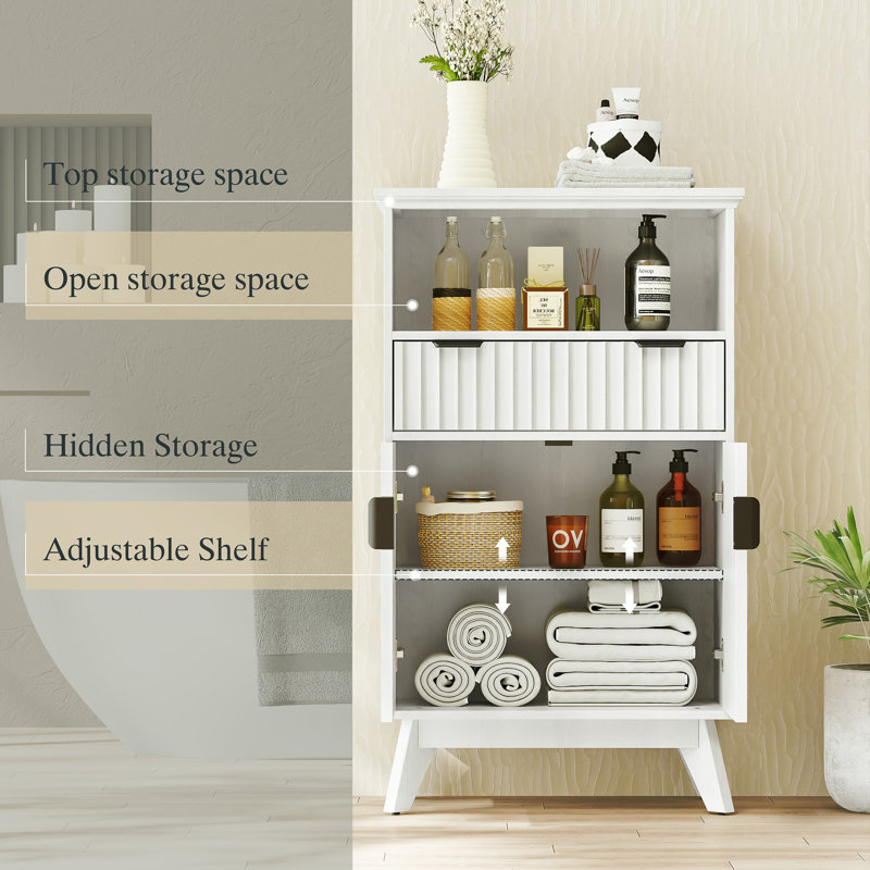  23" Fluted Accent Cabinet with Drawer and Doors, Small Storage Cabinet with Adjustable Shelf and Solid Wood Legs for Entryway, Living Room, Bathroom & Apartment