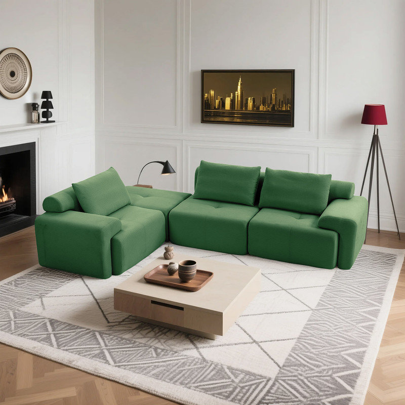 Canapé-lit modulaire convertible en L, Velours côtelé vert