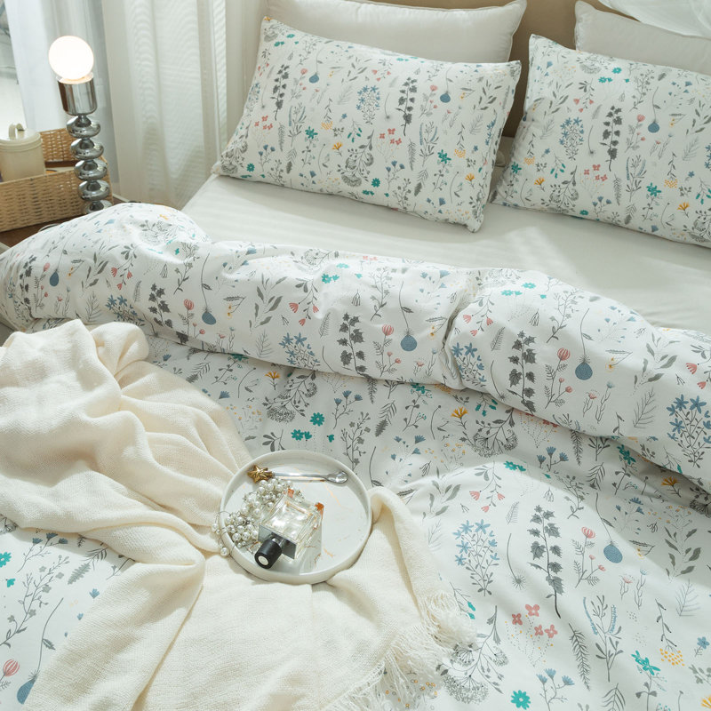 Cotton Floral Duvet Cover Set, King Duvet Cover + 2 Standard Shams, Teal Floral