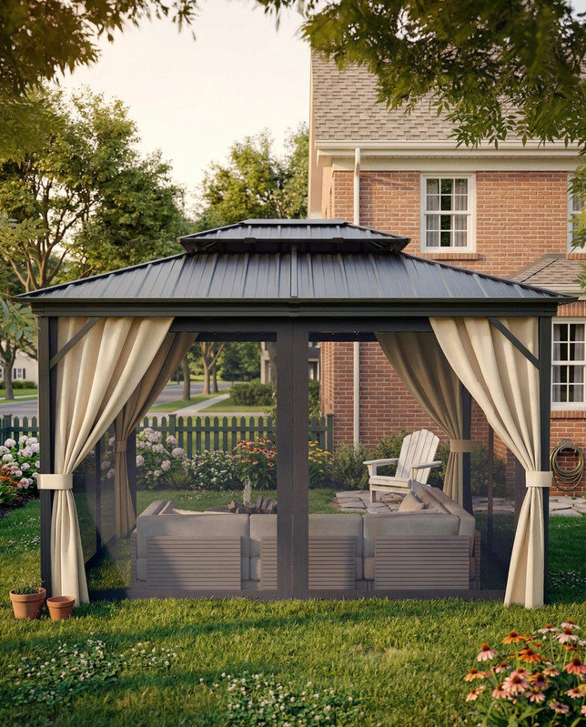 Abri de jardin pour toit rigide 12 x 14 pi, toit ventilé en acier galvanisé, structure en aluminium avec filet et rideaux pour la cour arrière
