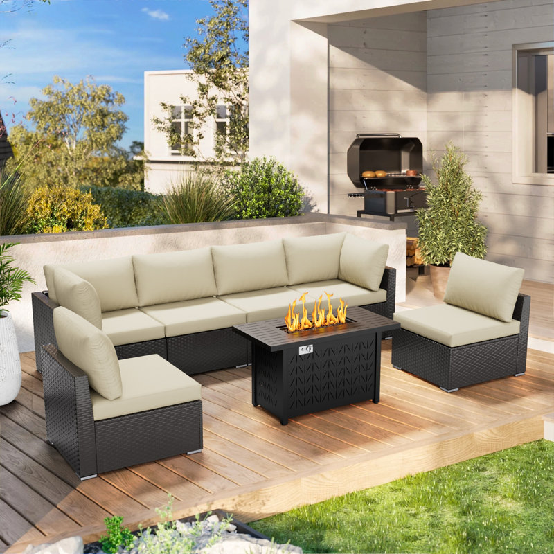 7 Piece Sectional Seating Group With Cushions, Light Beige