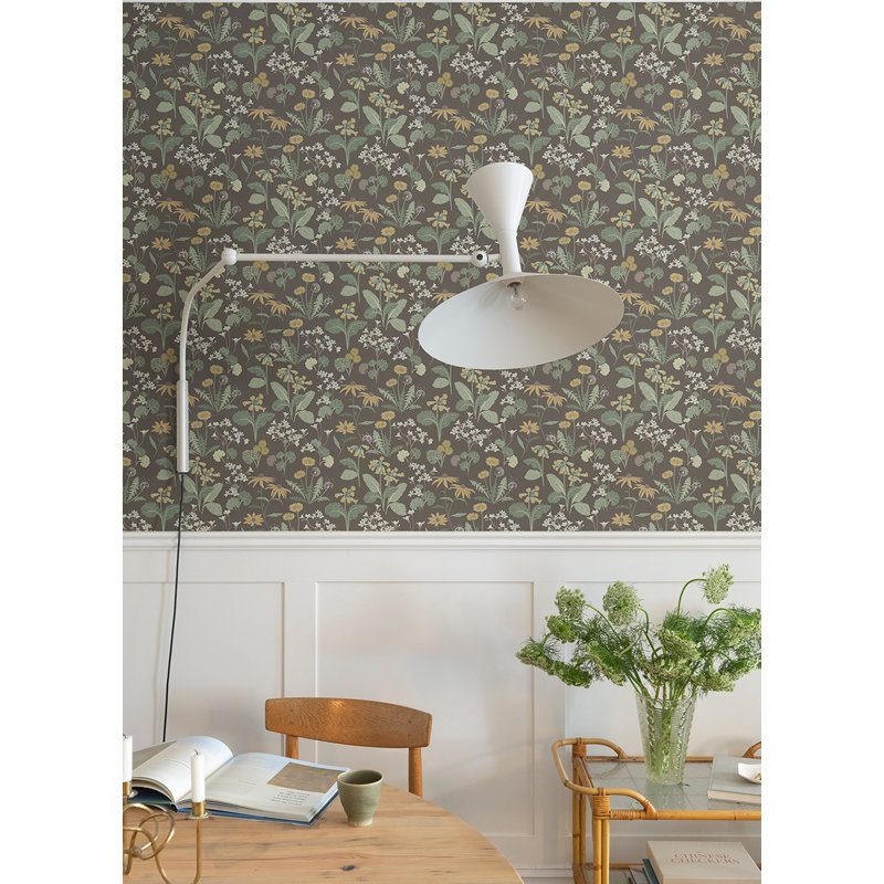 Ingrid Floral Wallpaper Roll, Charcoal/Sage/Yellow