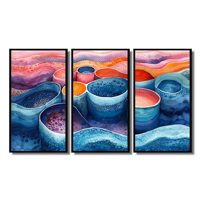 Beach Pottery in Pink and Blue Tones II - ensemble d'art mural de poterie de plage, Toile avec cadre flottant noir