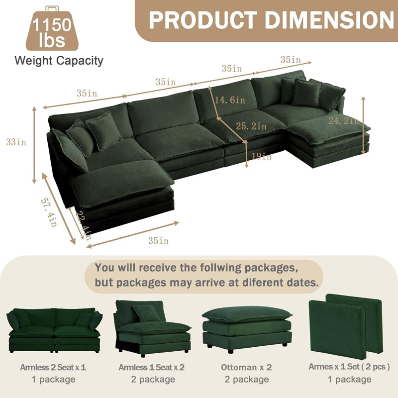 Canapé modulaire en U en chenille avec repose-pieds mobile à 2 compartiments Latitude Run, H 33 po x l 140 po x P 58 po