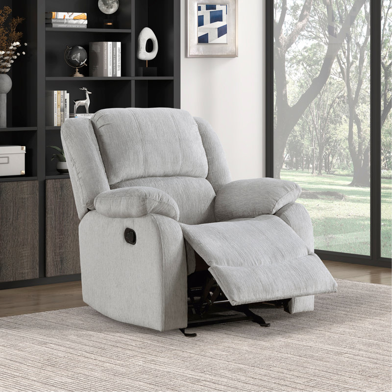 Modern Reclining Chair Gray Chenille Upholstered Pillowtop Arms Solid Wood Frame 1Pc Living Room Furniture Gentle Gliding Motion Recliner