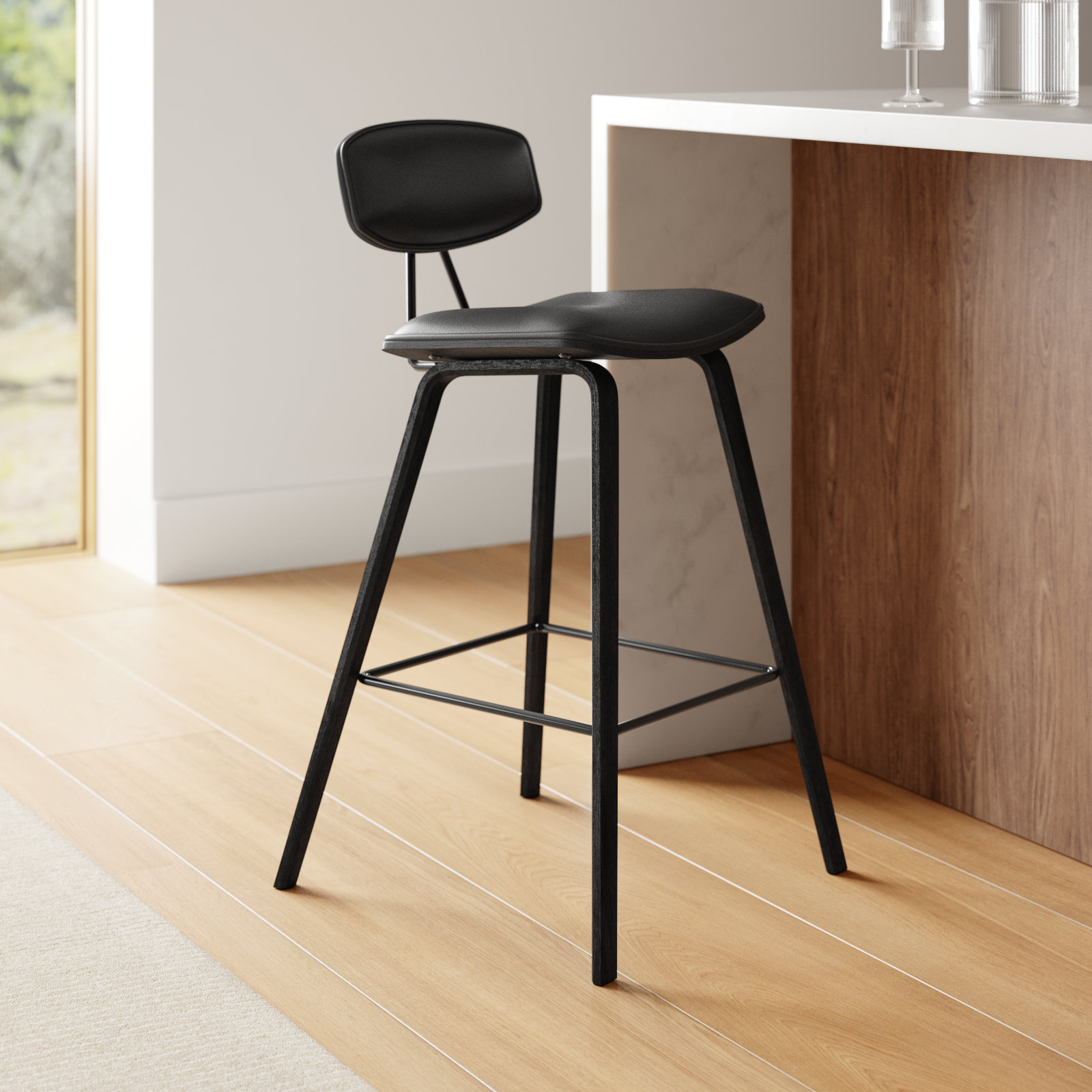 Payton Vegan Leather Bar & Counter Stool, Counter Stool (26" Seat Height), Black Faux Leather, Black