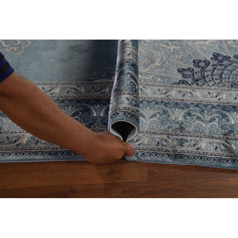 Tapis traditionnel bleu / gris en soie 6 x 10