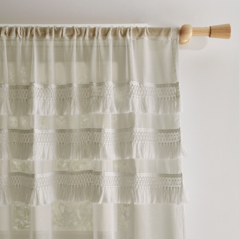 Izmir Tassel Voile Slot Top Panel Curtain, Stone Grey, 140 W x 183 D cm