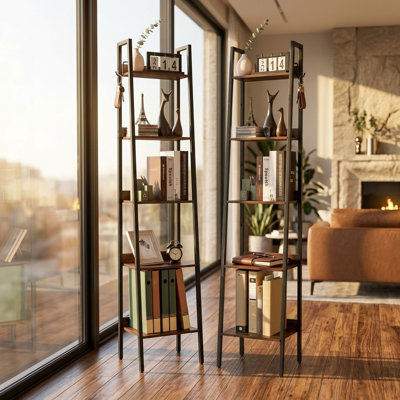 5-Tier Metal Ladder Bookcase, Industrial Corner Bookcase