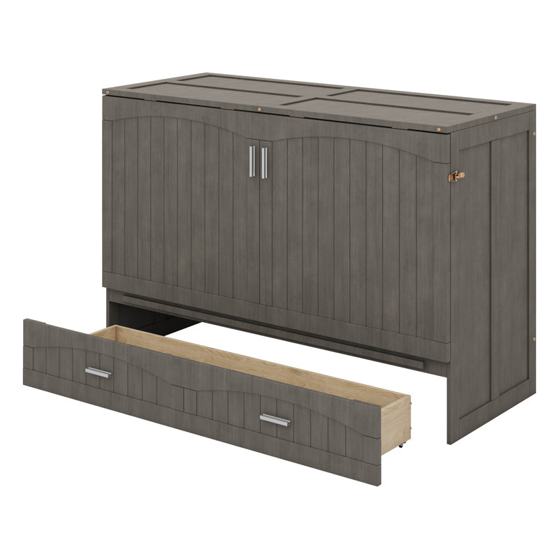 Grand lit escamotable avec station de charge intégrée, cadre de lit escamotable en bois avec tiroir