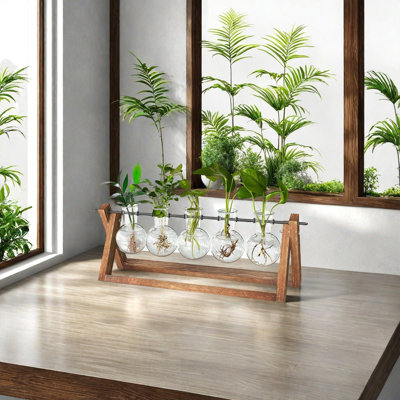 Plant Terrarium with Wooden Stand,5 Bulb Vase