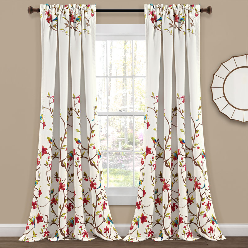 Ivory Brown Floral Bird Pattern Blackout Polyester Window Panels