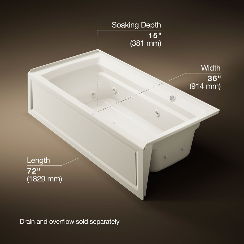 Archer 72" x 36" Alcove Whirlpool Acrylic Bathtub with Heater, Biscuit, Right