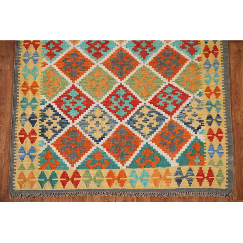 Tapis oriental multicolore en laine Kilim 4 x 6