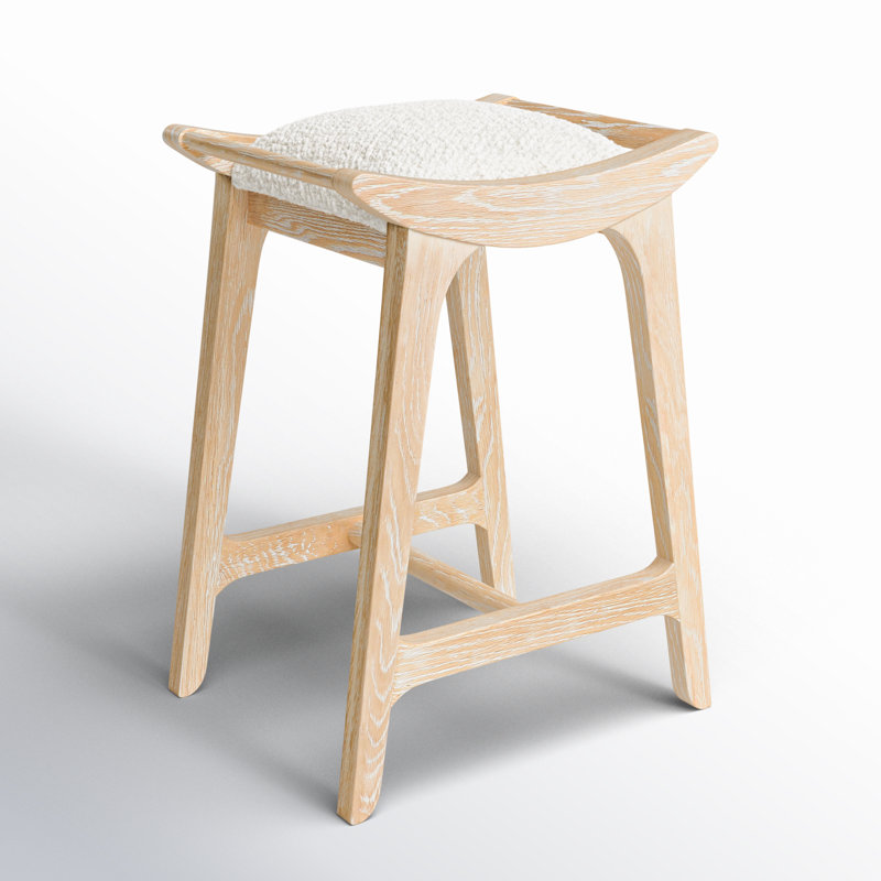 Cerused Oak Backless Counter Stool with White Boucle Seat
