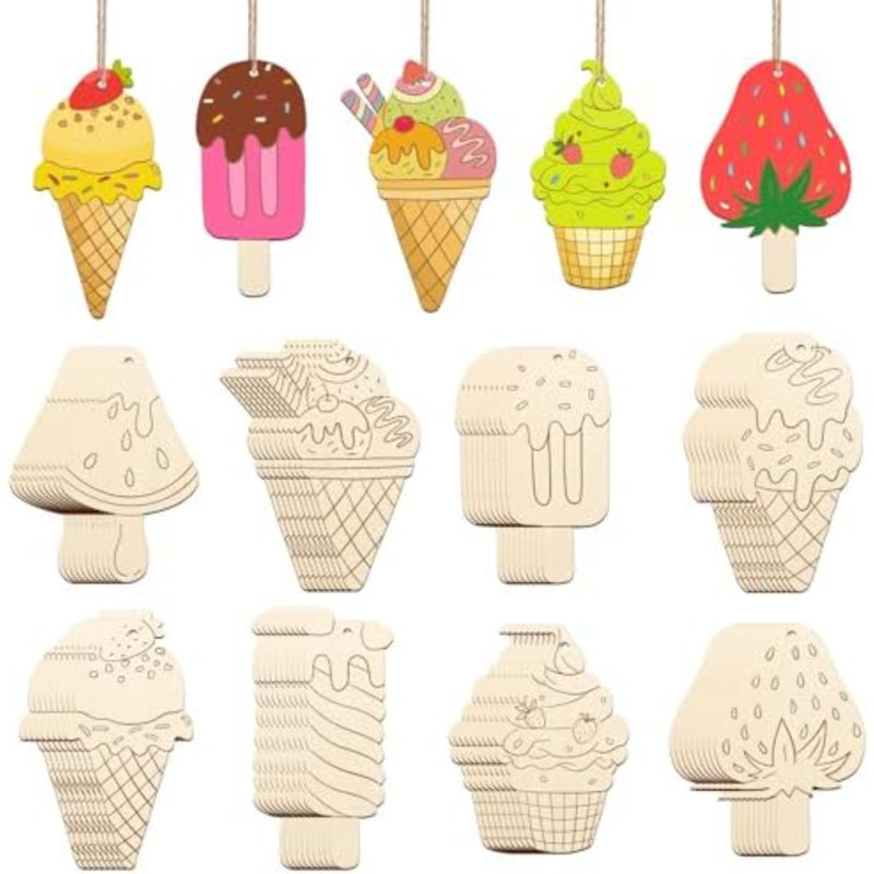 80 pièces en bois découpes de crème glacée ornements à peindre, décorations d'été