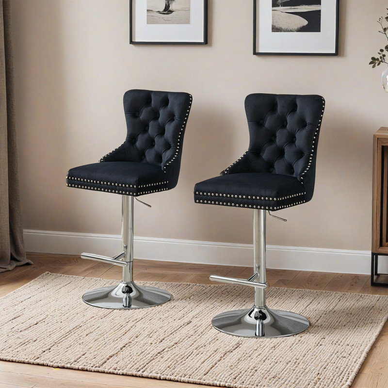 Ensemble de 2 tabourets de bar pivotants réglables - tabourets rembourrés en velours d'une hauteur de 25 à 33 pouces avec base chromée de 17,7 po, coussin à plis et à ressorts touffetés pour îlot de cuisine et bar pour la maison