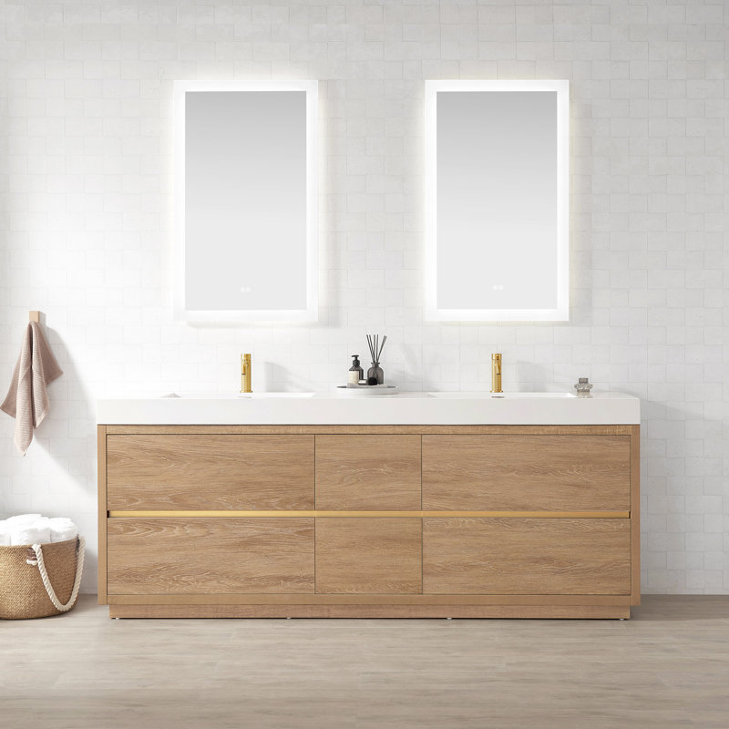 Meuble-lavabo à double cuve 84 "avec comptoir en composite et miroir Beira, Chêne nord-américain