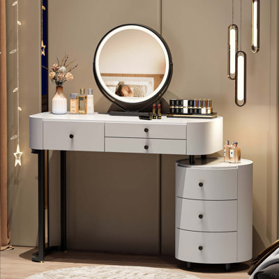 Modern Minimalist Dressing Table With Detachable Mirror And Rotatable Side Cabinet Makeup Table, Easy Assembly Vanity