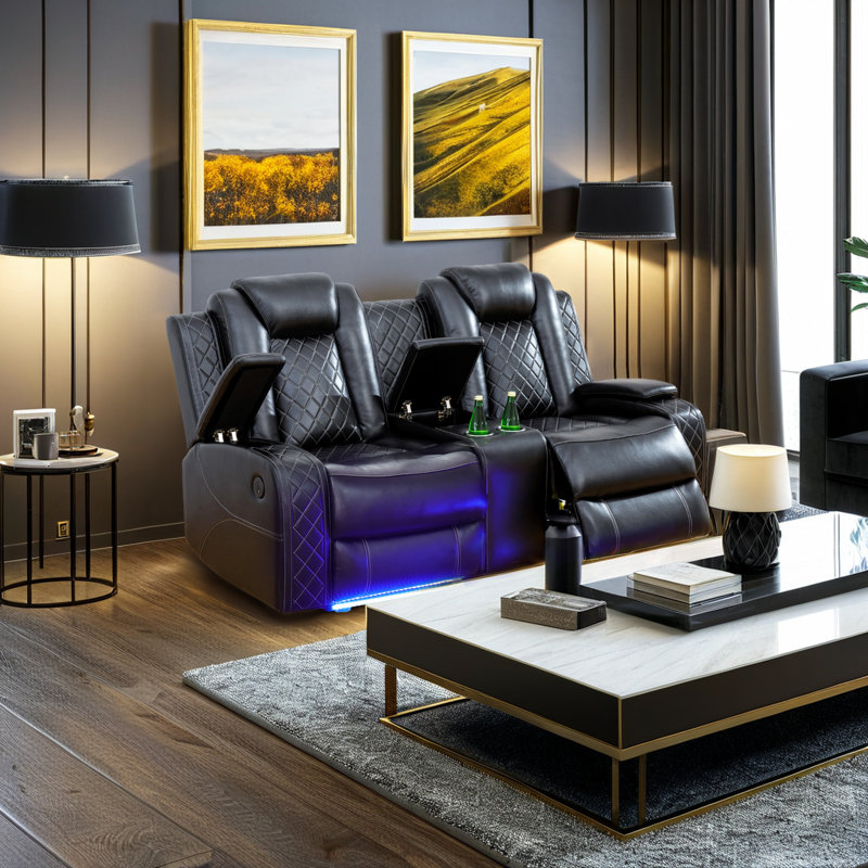 Reinolf Deep black Breathing Sectional Faux Leather Reclining Living Room Loveseat, Black Faux Leather