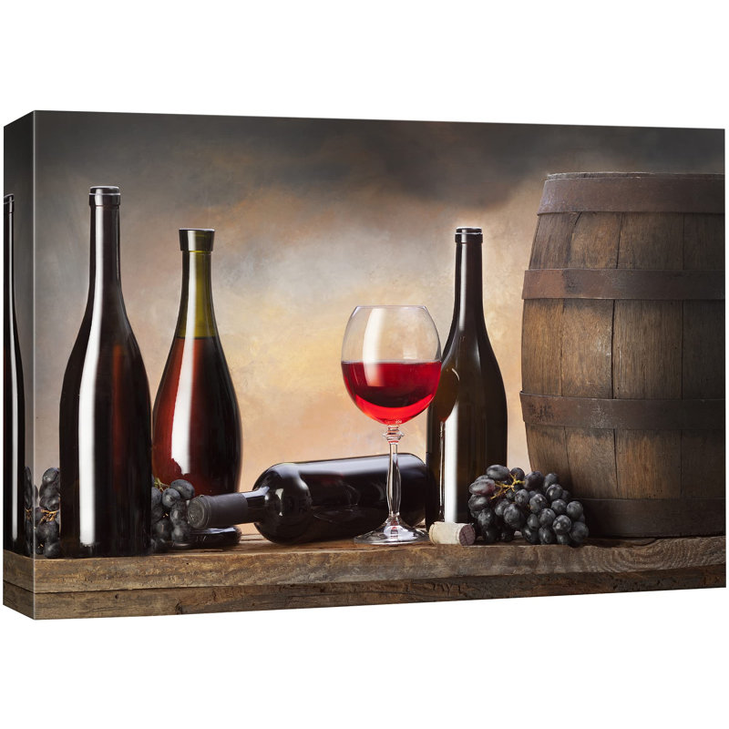 Rustique Bevera «Bouteilles de vin rouges avec raisins et tonneaux, boissons, photographie, art moderne et chic» sur