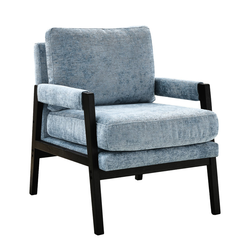 Chaise rembourrée en chenille bleue Mid-Century moderne - rembourrage généreux, fabrication en bois, dossier amovible pour une utilisation polyvalente