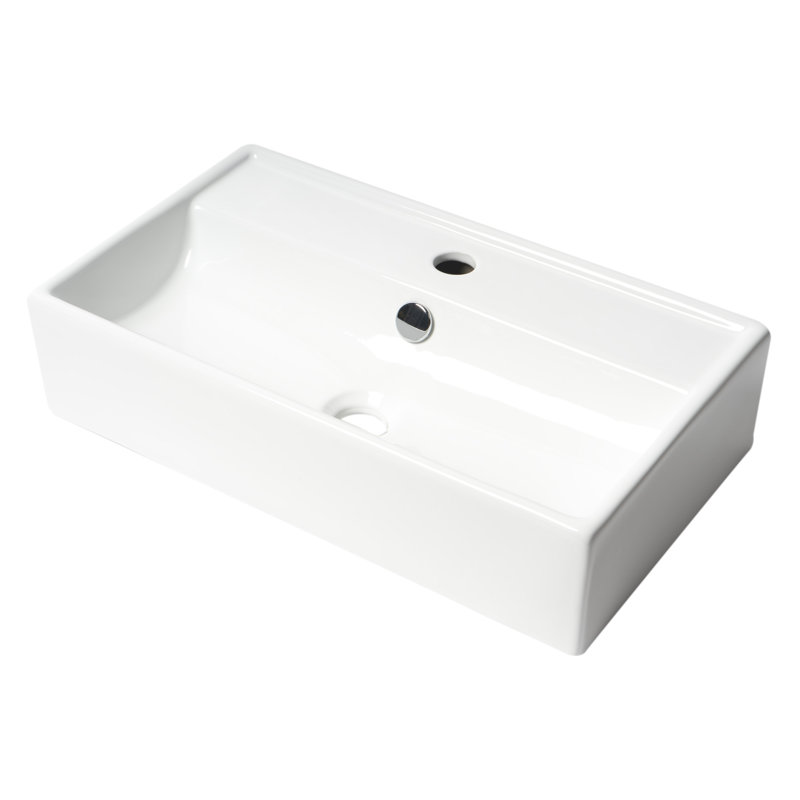 White Ceramic Rectangular Wall-Mounted Bathroom Sink with Overflow