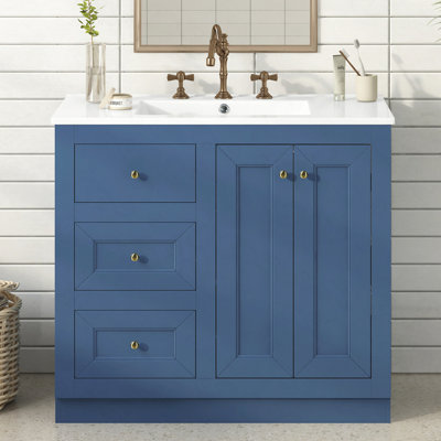 Meuble-lavabo sur pied 36 po avec lavabo en céramique, armoire de rangement avec 2 tiroirs et tablette en bois massif et panneau de fibres à densité moyenne