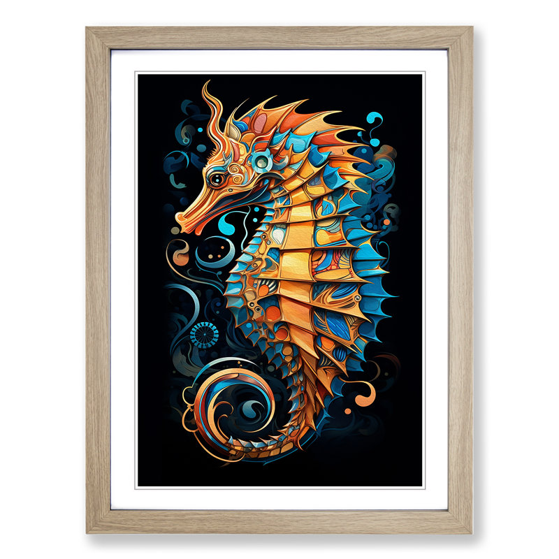 Seahorse Geometric - Framed Print, Oak , 46cm H x 34cm W x 2cm D