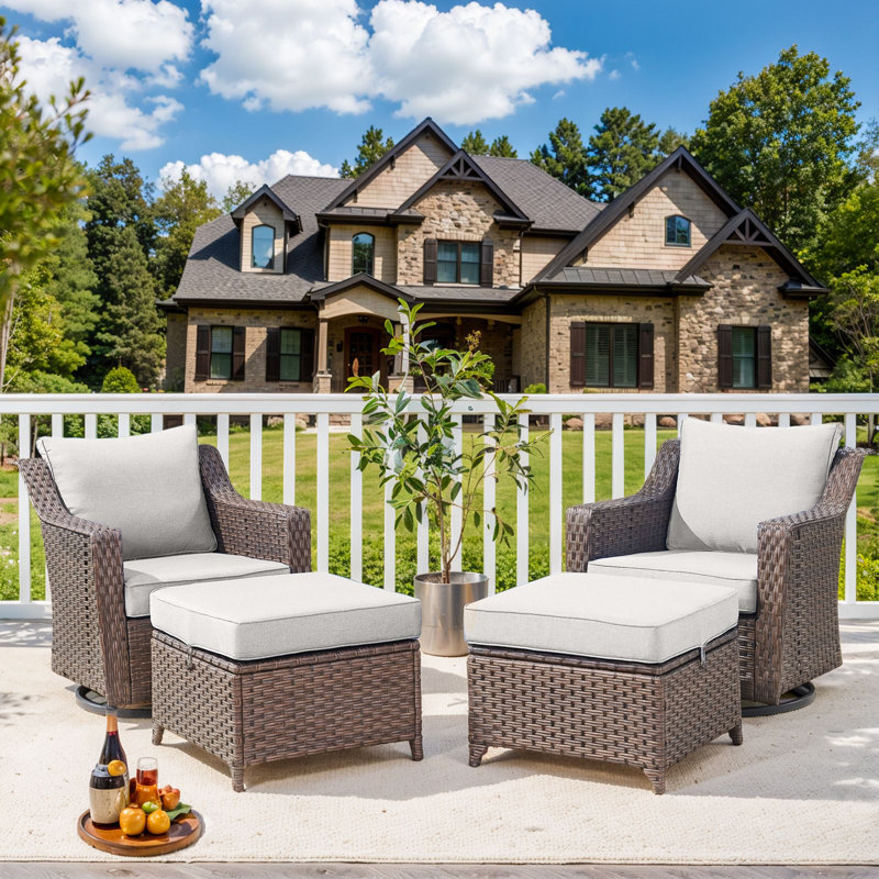 Jenesys Outdoor Swivel Glider Chairs & Ottomans Set - Comfortable, Durable For Patios & Gardens, Beige