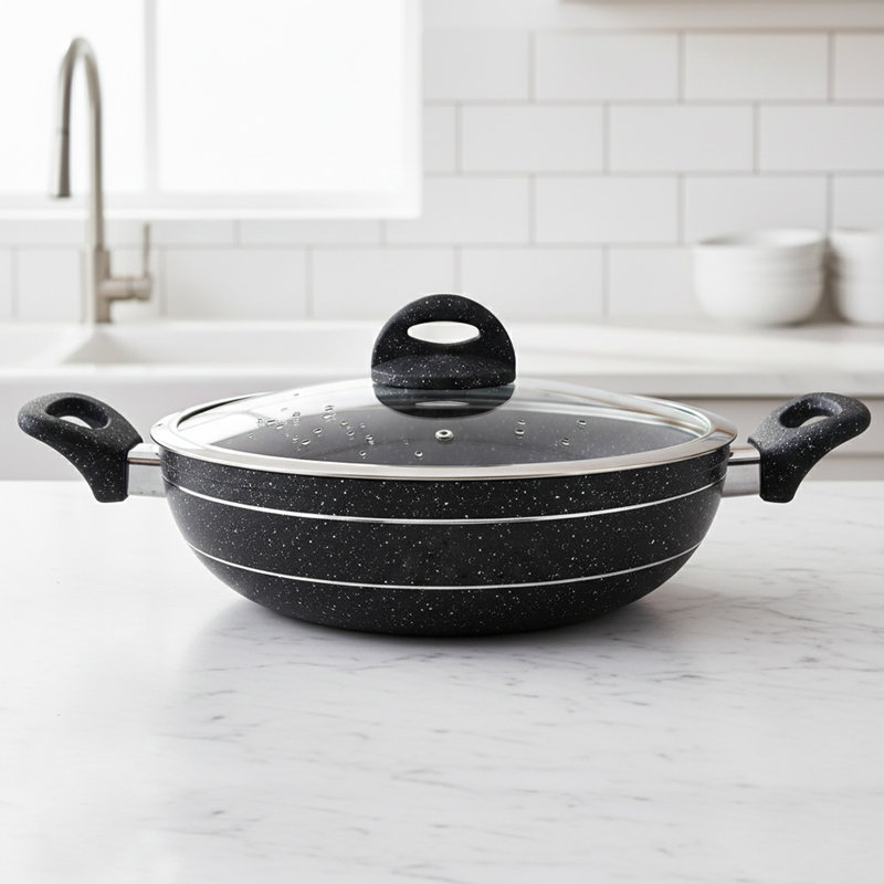 ROYALFORD Wok Pan 28Cm | Induction Safe Frying Pan with Tempered Glass Lid | Forged Aluminium Cookware with 5-Layer Non-Stick Granite Coating Cooking Pot | PFOA Free Dishwasher Safe | Terranox Series