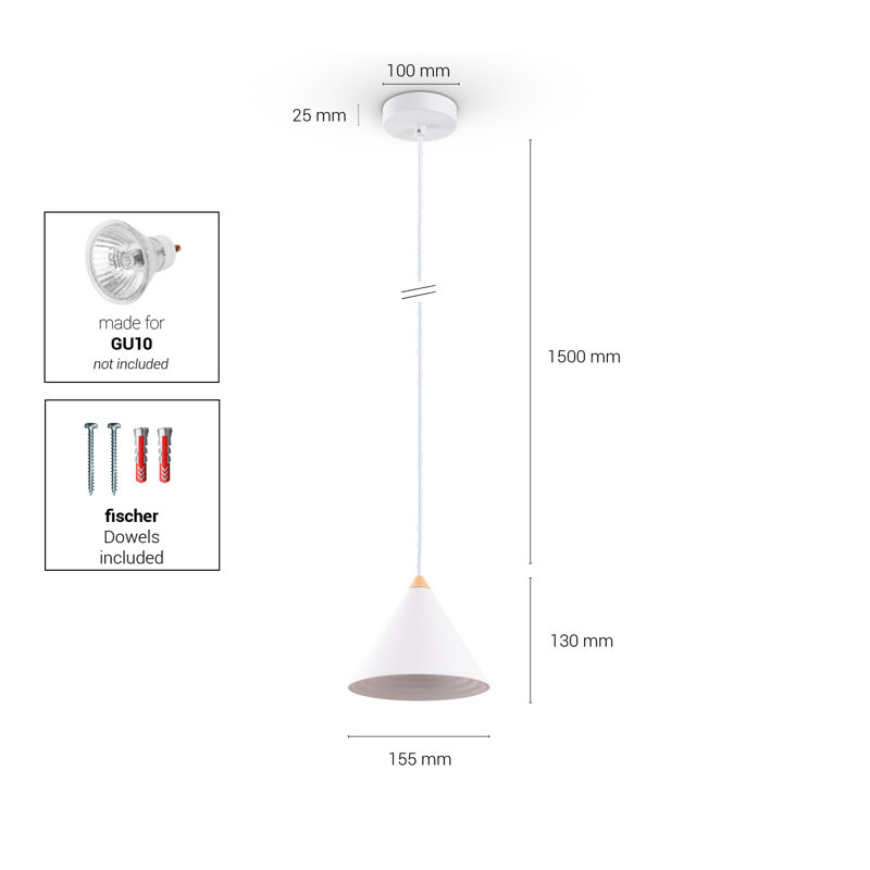 Cone pendant lamp 1-light Tide, White, 165.5cm H x 15.5cm W x 15.5cm D