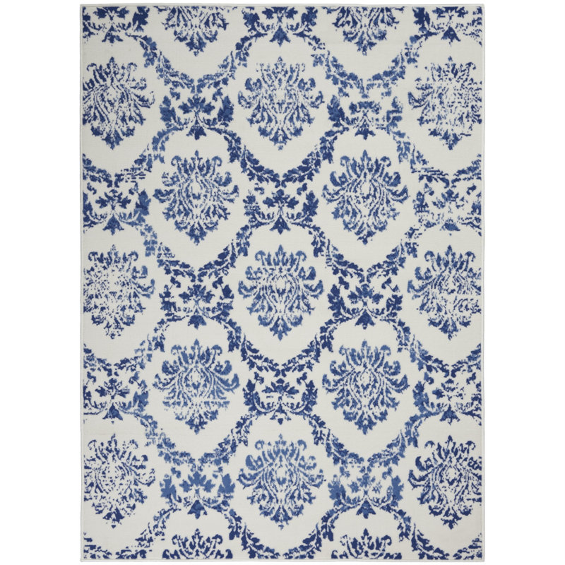 Bleu Damas businge/Tapis décoratif blanc, Rectangle 4 pi x 6 pi