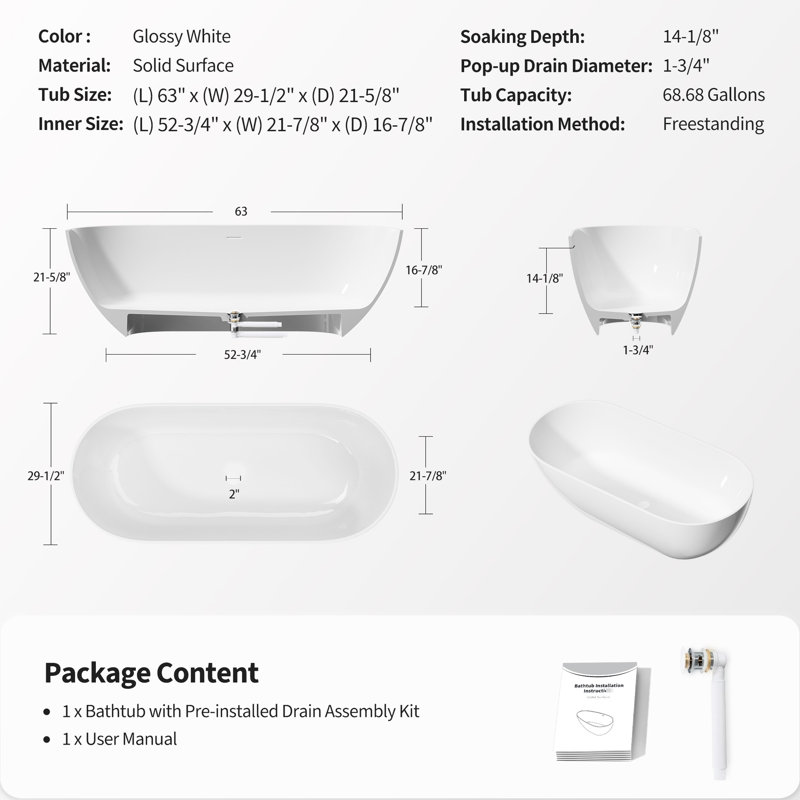 Luxury 63" Freestanding Soaking Bathtub, Glossy White, Solid Surface Design, Overflow And Pop - Up Drain, Suitable For Modern Spa Bathrooms, Heat Insulating Stone Resin Contemporary Retaining