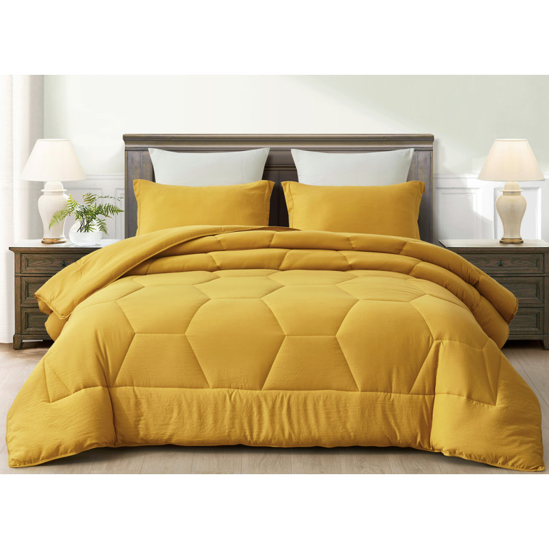 Washed Microfiber Bedding Honeycomb Comforter Set, Twin Comforter + 1 Standard Sham, Mustard Yellow
