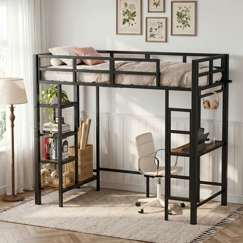 Black Metal Loft Bed with Desk & Shelves, Industrial High Sleeper Bed Frame with Storage Ladder and Hanging Rail, 90 x 200 cm
