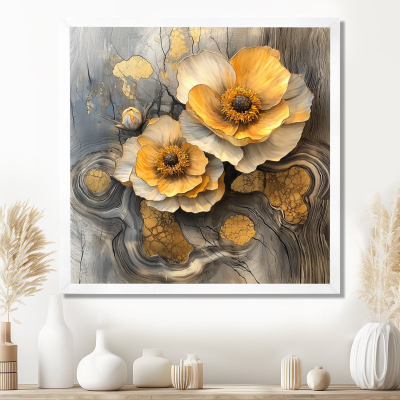 «Autumn Mums Flowers On Onyx Crystal River II», art mural de salon pour les mamans, H 36 po x l 36 po, Blanc