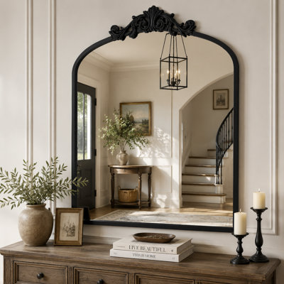 Miroir de salle de bain noir, forme arquée, style vintage orné, cadre en aluminium