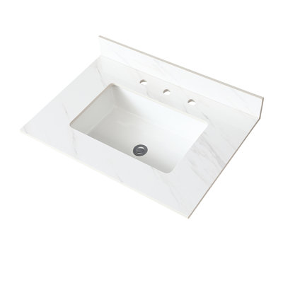 Bathroom 31" Vanity Top White - Sintered Stone With Middle Rectangular Sink And 4-Inch Backsplash Top, 31 Inch 4" Undermount Sink, To Water Splashes
