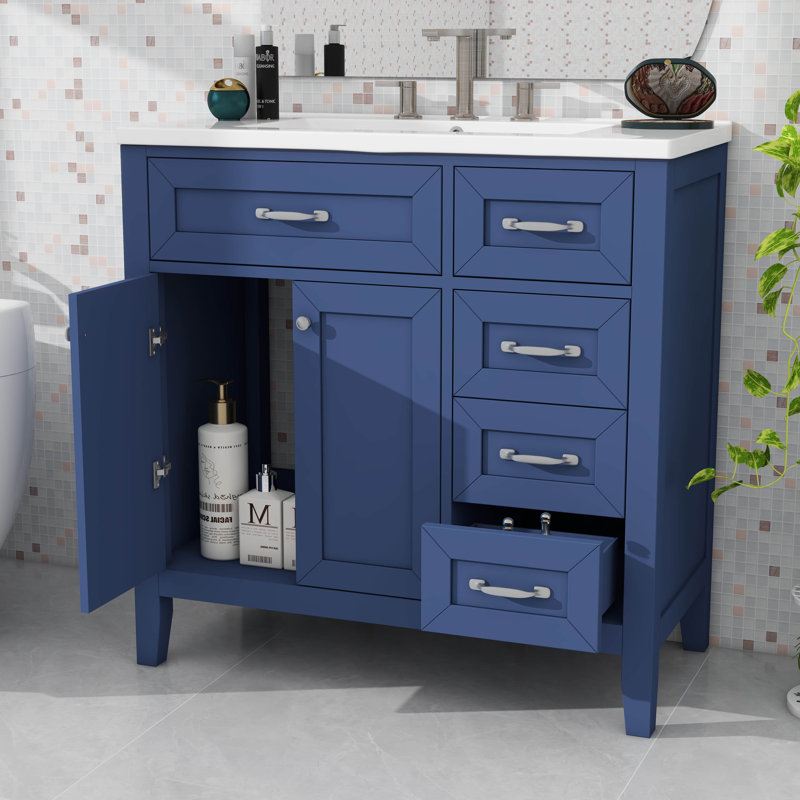 Meuble-lavabo simple 36 po avec tiroirs pratiques, Bleu