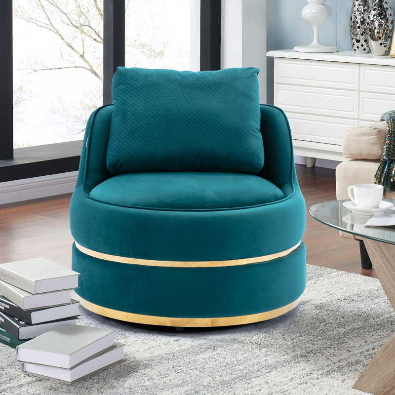 Fauteuil demi-tonneau pivotant en velours l 32,3 po Johnthon, Velours sarcelle