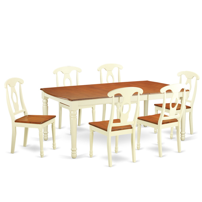 Ensemble de table et chaises de cuisine 7 pièces comprenant une table de salle à manger rectangulaire avec rallonge papillon et 6 chaises en bois massif, babeurre 42 po x 78 po
