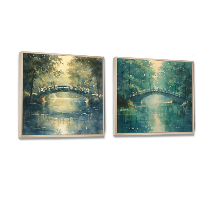 «Green Beige River Crossing Park Bridge I», décoration murale - art mural traditionnel 2 pièces, H 16 po x l 33 po