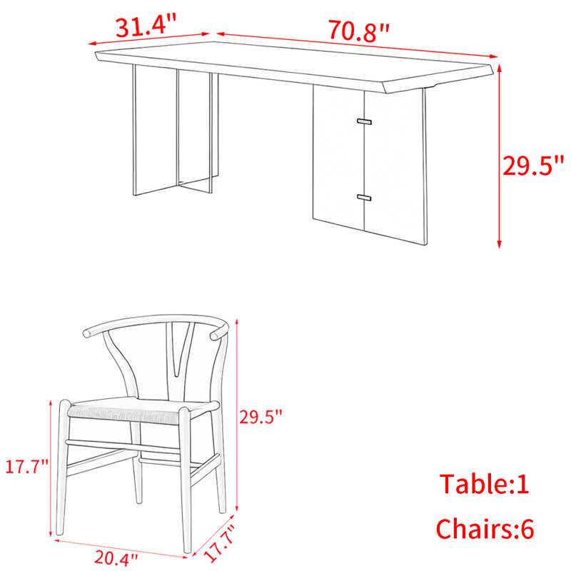 Modern simple solid wood acrylic dining table set, 29.5"H x 70.8"L x 31.4"W