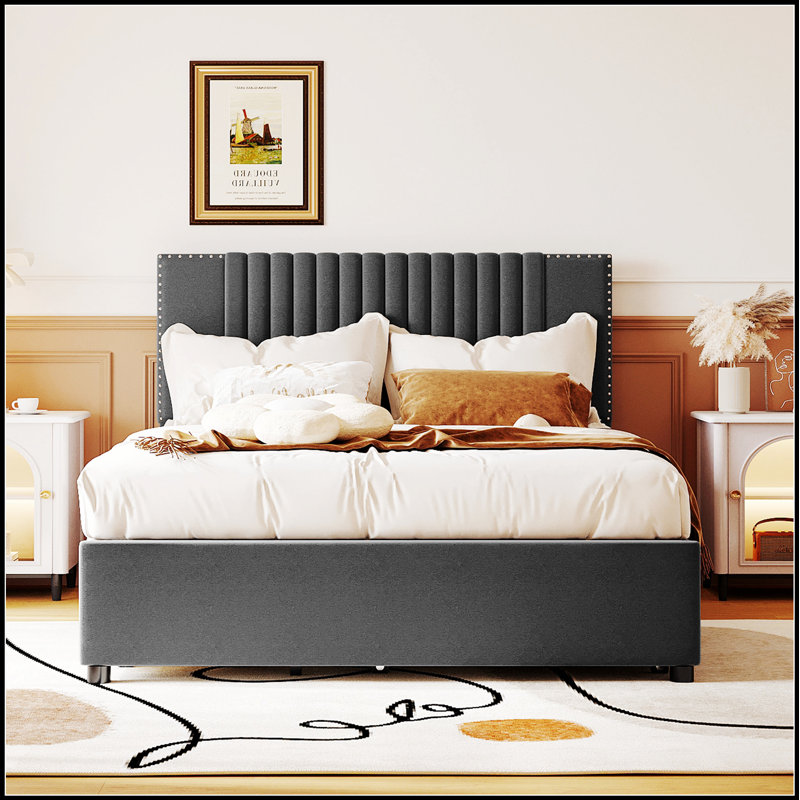 Lit plateforme tapissier avec 2 tiroirs et 1 lit gigogne, tête de lit classique pour un sommeil élégant et fonctionnel, Gris